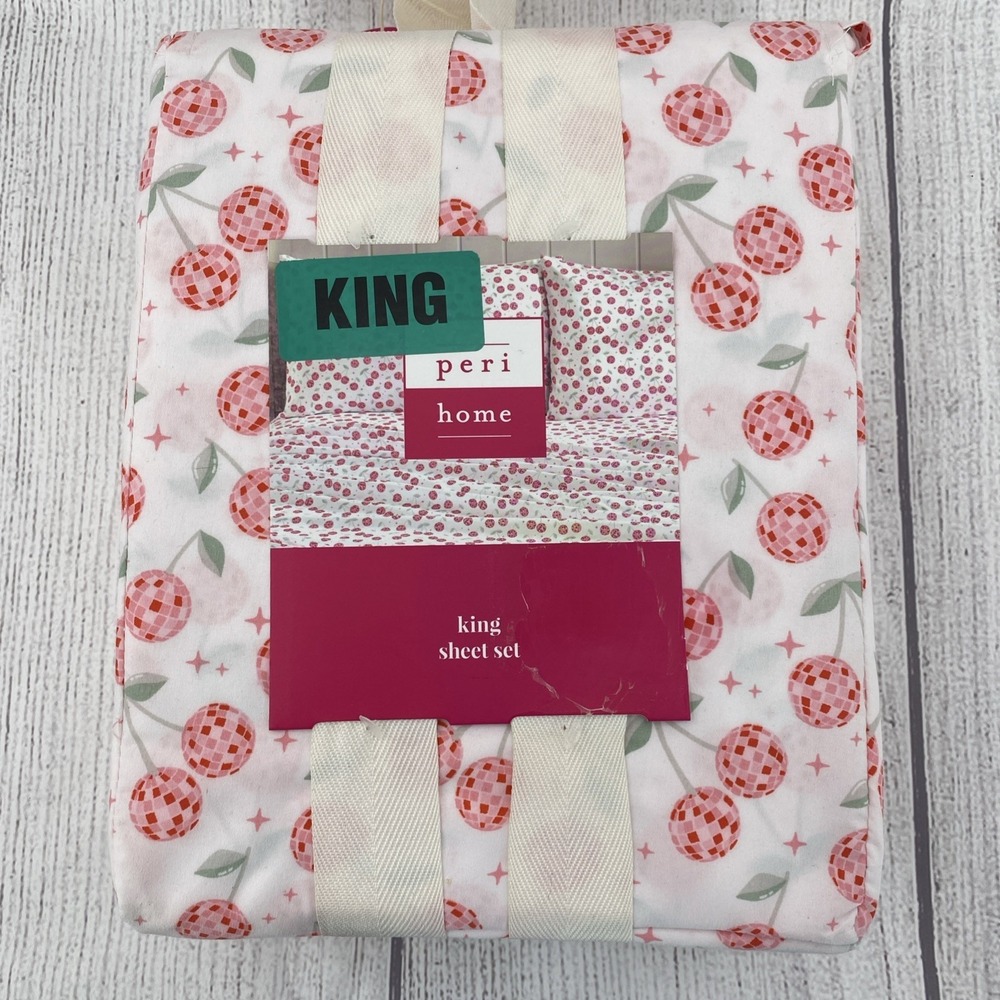 Peri Home Sheet Set KING White Pink Cherries Cherry Disco Balls Whimsical